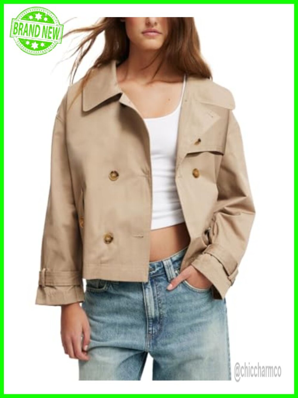 Cropped Double Breasted Trench Coat Cotton Blend Notched Lapel Loose Fit